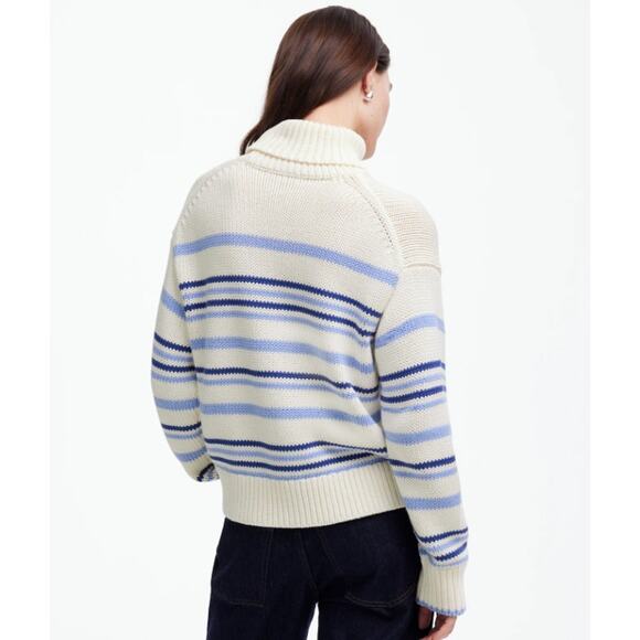 Madewell Ribbed Cotton Turtleneck Sweater WMNS S White Blue Stripes Relaxed Fit - Picture 3 of 8
